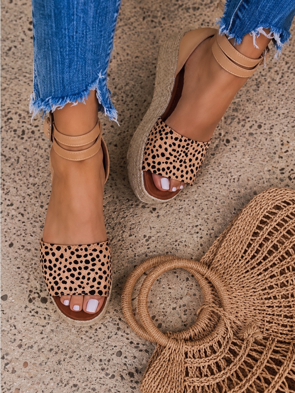 Sandals Tan leopard print espadrille platform wedge heels